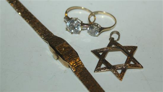 9ct ladies 1960s watch, 2 rings and Star of David pendant